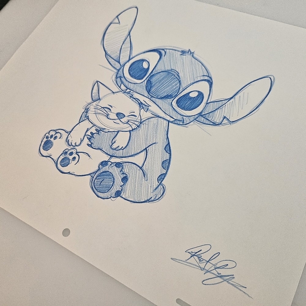 Disney Lilo And Stitch Hugging a Cat Drawing/Sketch Animation Art Signed - Picture 4 of 6
